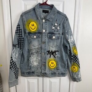 THRT Denim Jacket Large Blue Graffiti Smiley Lightning Bolt Streetwear Punk Edgy